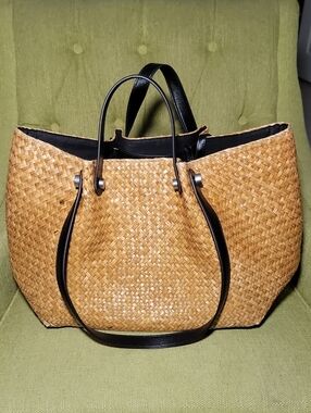 All Saints Woven Straw Tote Bag with Black Handles